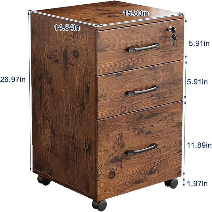 File Cabinet 3 Drawers with 1 Lock Wooden Rolling Mobile Filing Cabinet with Wheels for Home Office Under Desk File Cabinet Office Storage Cabinet, Brown