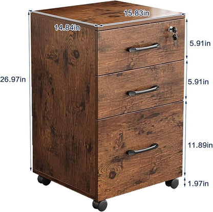 File Cabinet 3 Drawers with 1 Lock Wooden Rolling Mobile Filing Cabinet with Wheels for Home Office Under Desk File Cabinet Office Storage Cabinet, Brown