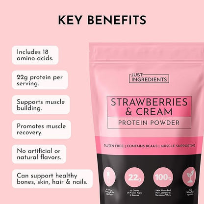 JUST INGREDIENTS Strawberries & Cream Protein Powder – 20-Serving Blend with 100% Grass-Fed Whey & Organic Plant Proteins – Real Strawberry Flavor – Supports Muscle Recovery, Energy*