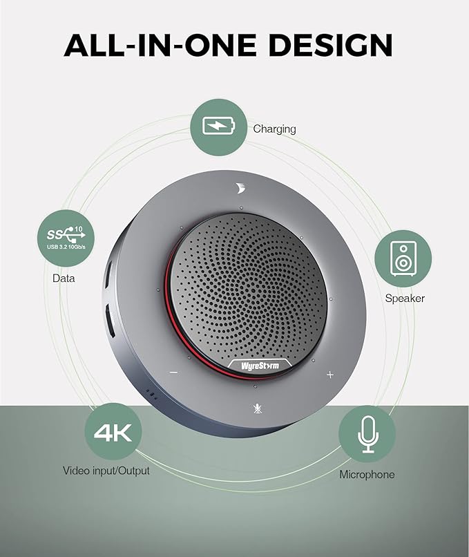 WYRESTORM Halo 90 Conference Speaker with USB-C Multi-Port Adapter Docking Supply Power to PC, 4 Noise-canceling Mics, Enhanced 360° Voice Pickup, 4K@60Hz Video Resolution, AGC Voice Balance