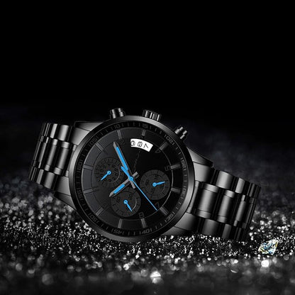 CRRJU Men's Fashion Stainless Steel Watches Date Waterproof Chronograph Wristwatches,Black Steel Band Waterproof Quartz Watch for Men