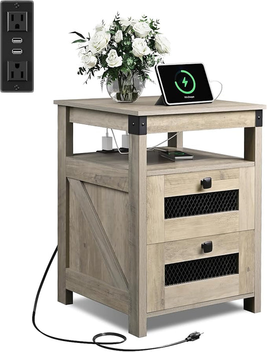 WLIVE Nightstand with Charging Station, Farmhouse End Table, Bed Side Table with 2 Storage Drawers and Open Shelf, Wood Rustic Nightstands for Bedroom, Living Room, Greige