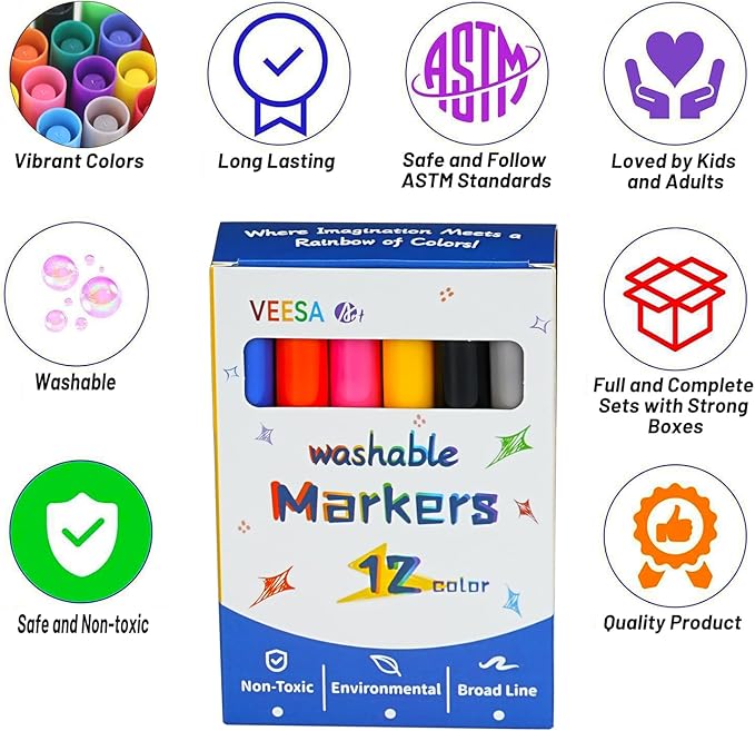 Washable Markers Bulk - 12 Boxes of 12 Vibrant Colors (144 Total) - Broad Line Markers for Kids, Teacher, Classroom Must Have, Christmas Gift