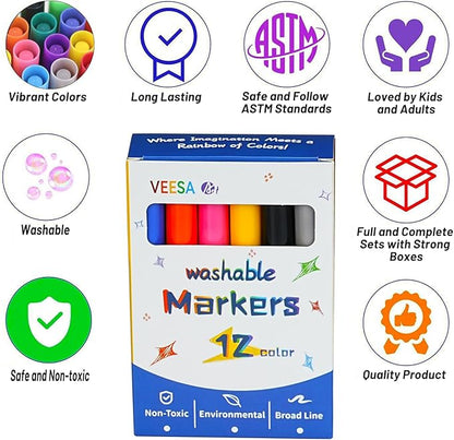 Washable Markers Bulk - 12 Boxes of 12 Vibrant Colors (144 Total) - Broad Line Markers for Kids, Teacher, Classroom Must Have, Christmas Gift