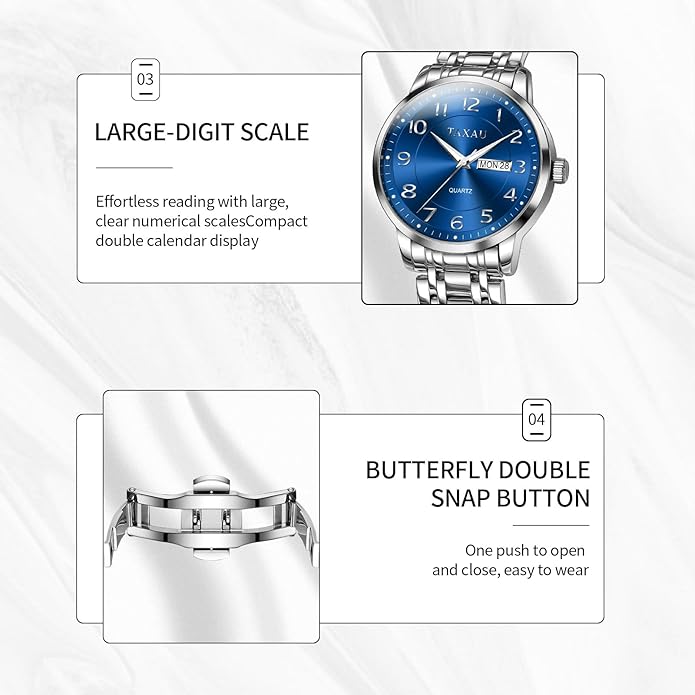 Stainless Steel Mens Watches with Day Date Quartz Analog Large Face Classic Watch Arabic Numerals Dress Luminous Rlojes para Hombres