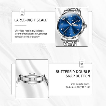 Stainless Steel Mens Watches with Day Date Quartz Analog Large Face Classic Watch Arabic Numerals Dress Luminous Rlojes para Hombres