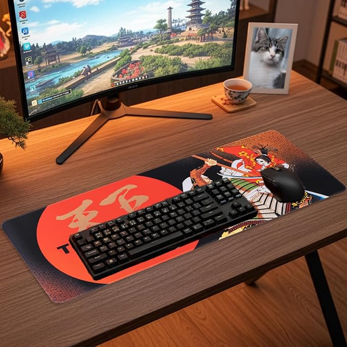 BELLEMOND Japanese Art Desk Mat | Large 31.5x11.8in Desk Pad | Mouse Pad for Keyboard & Mouse | Non-Slip Base, Water-Repellent, Smooth Precision | Tenka Muso - The Unrivaled Warrior