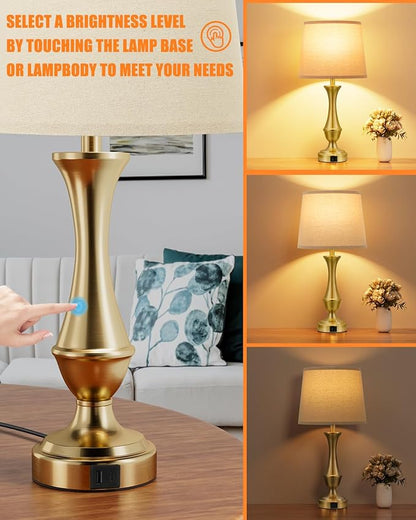 Seealle Upgraded Touch Lamps for Night Stands Set of 2 - Bedside Lamps with USB C+A, 3 Way Dimmable for Bedroom Living Room End Tables Office (Oat Shade&Coppery Base)