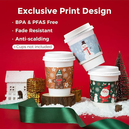 FMP Brands 50 Pack Christmas Paper Coffee Cup Sleeves, Disposable Holiday Coffee Sleeves fit 12oz, 16oz, 20oz, 24oz Disposable Coffee Cups, Hand Protection for Hot and Cold Drinks
