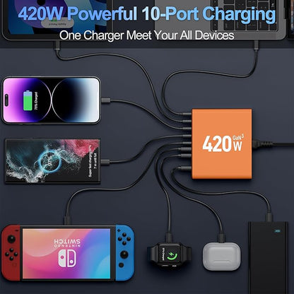 420W USB C Charger Block,10-Port Charging Station GaN Fast Charging Type C & USB A Wall Charger Adapter for MacBook Pro/Air,iPhone,iPad,Dell XPS,Samsung Galaxy(Orange)
