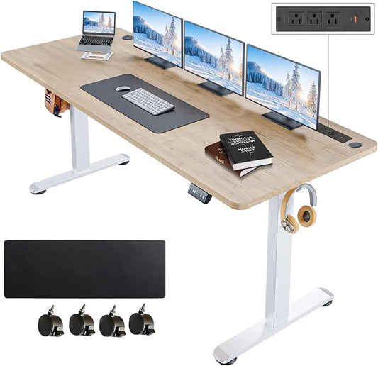 Electric Standing Desk 71 x 27 Inches Adjustable Height Sit Stand Up Desk for Home Office Computer Workstation with 2 USB Ports 3 AC Power Outlets Memory Preset and Wheels, Oak