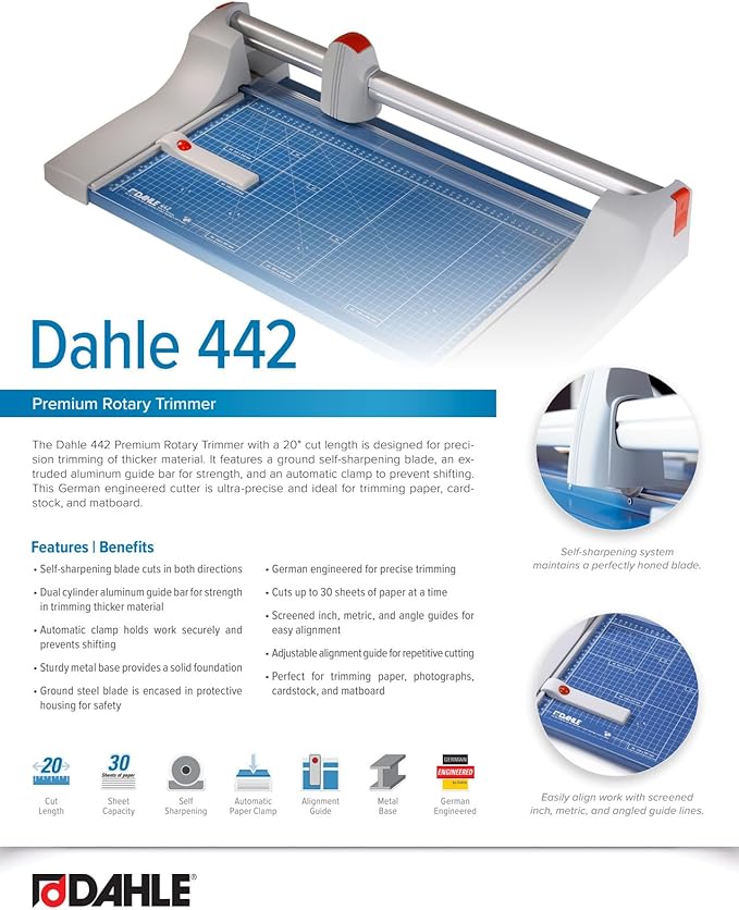 Dahle 442 Premium Rotary Trimmer, 20" Cut Length, 30 Sheet Capacity, Self-Sharpening, Automatic Clamp, German Engineered Paper Cutter