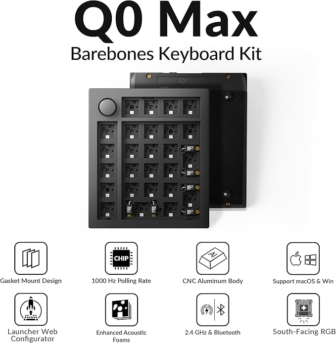Keychron Q0 Max Wireless Custom Barebones Keyboard Kit, 2.4 GHz/Bluetooth 5.1/Wired QMK Number Pad, RGB Numeric Keypad Compatible with Laptop Mac Windows Linux - Black
