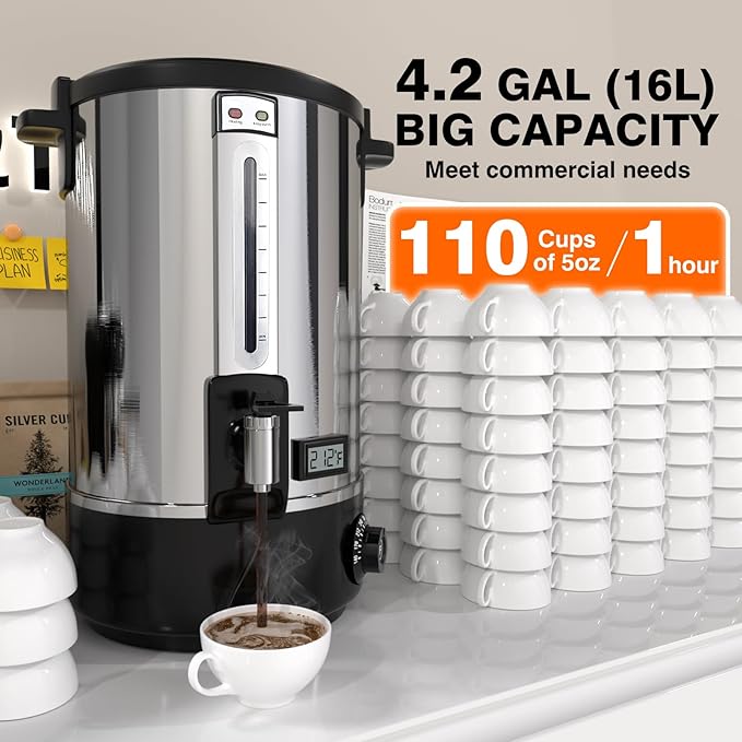 Commercial Coffee Urn, 110-Cup 16L Fast Brew Stainless Steel Hot Beverage Dispenser with Thermometer-Electric Hot Water Urn for Wedding, Party, Catering Events with Easy Cleaning(Double Wall)
