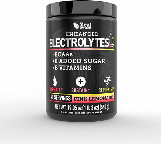 Zeal Electrolyte Powder - 90 Servings | Keto Electrolytes Powder | Zero Sugar, BCAAs, B-Vitamins | Potassium, Zinc, Magnesium | Hydration Powder Recovery Drink | Pink Lemonade