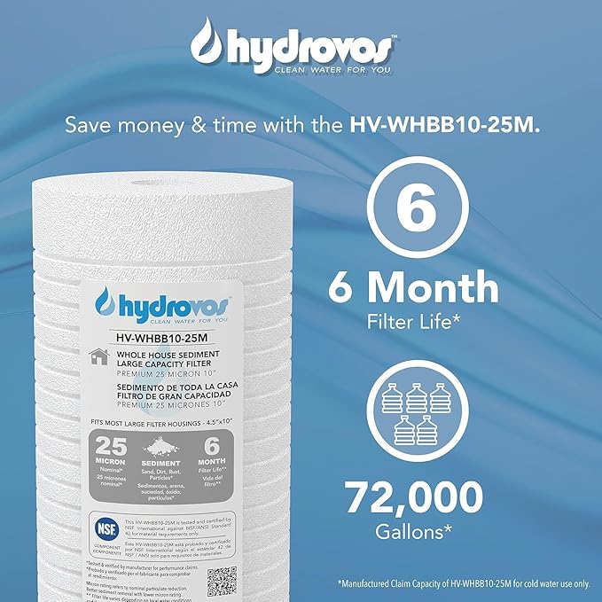 HYDROVOS 4.5 x 10 Inch Large Capacity Whole House Water Filter, NSF 42 Certified 25 Micron Sediment Filtration, Pack of 4