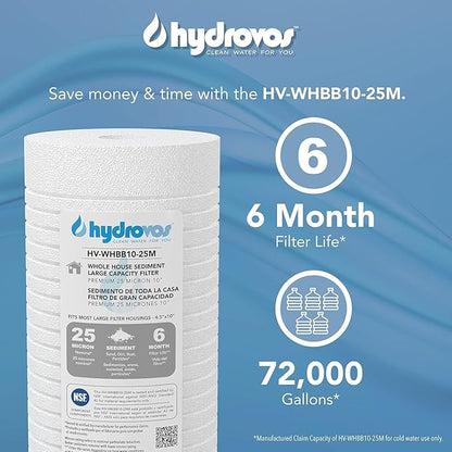 HYDROVOS 4.5 x 10 Inch Large Capacity Whole House Water Filter, NSF 42 Certified 25 Micron Sediment Filtration, Pack of 4