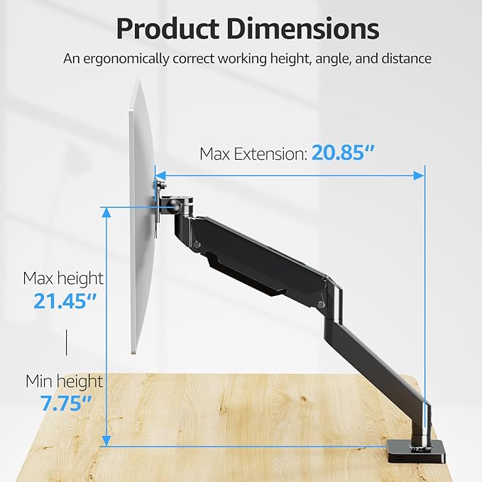 MOUNTUP Single Monitor Mount with USB Fits 49 42 40 35 34 32 27 24 inch Large Screen, Heavy Duty Monitor Arm, Gas Spring Monitors Stand for Desk, Holds 4.4-33 lbs, Ultrawide Monitors Arm, VESA Mount