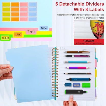 Hardcover Spiral Notebook 8.5"x11" Journal Notebook with Tabs and Removable Dividers 300 Pages 5 Subject Notebook College Ruled, Faux Leather Spiral Bound Notebook for Women School Work(Red)