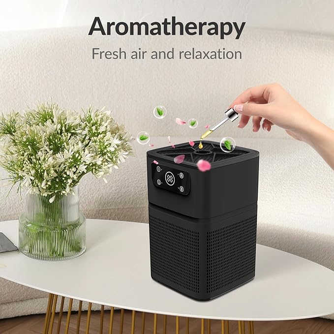 Air Purifiers for Bedroom Home, FETIONS Air Cleaner with Fragrance Sponge Sleep Mode 3-in-1 Filtration System, Compact with H13 HEPA Filter for Pet Dander Pollen Smoke Dust Odor, Black,1 Pack
