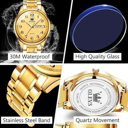 Men's Casual Stainless Steel Watch, Big Face Easy to Read Analog Quartz Watch with Day and Date, Classic Waterproof Diamond Roman Arabic Numerals Dial Dress Watch for Men, Gold Silver Black Band