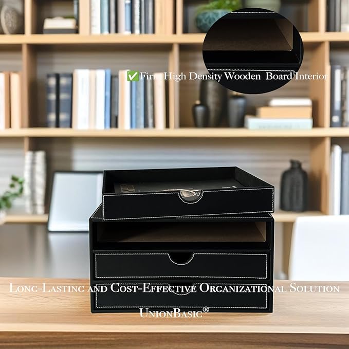 UnionBasic Document Organizer, 3-Drawer File Cabinet Document Storage Box, Office Desktop Filing Organizer, Black with White Stitching