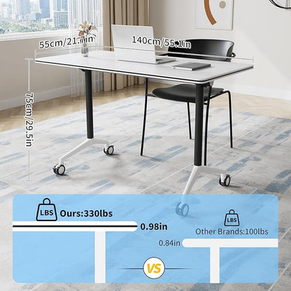 Conference Room Table, 55 Inch Folding Conference Tables with Wheels, Modern Office Meeting Table, Easy Flip & Nest Design, Rectangular Seminar Tables with Metal Frame for 2-24 People (M, 2PCS)