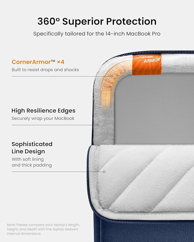 tomtoc 360 Protective Laptop Sleeve for 14-inch MacBook Pro M5/M4/M3/M2/M1 Pro/Max A3434 A3112 A3401 A3185 A2992 A2918 2025-2021, Water-Resistant Case Bag with Accessory Pocket for 13.8 Surface Laptop