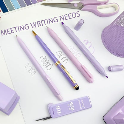 Purple Desk Accessories Set - 16 Pcs Purple Office Supplies with Stapler, Tape Dispenser, Pen Holder, Staple Remover, Hole Punch, Staples Aesthetics Desk Sets for Office, Home, School Women