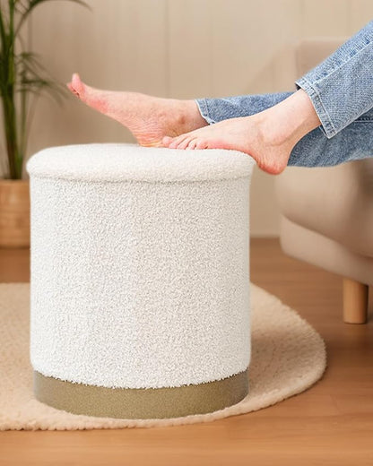 B FSOBEIIALEO Ottoman with Stroage, Round Boucle Storage Ottoman with Gold Plating Base,Foot Rest Stool for Dorm Room, Living Room White, 14.76"x14.76"x16.34"