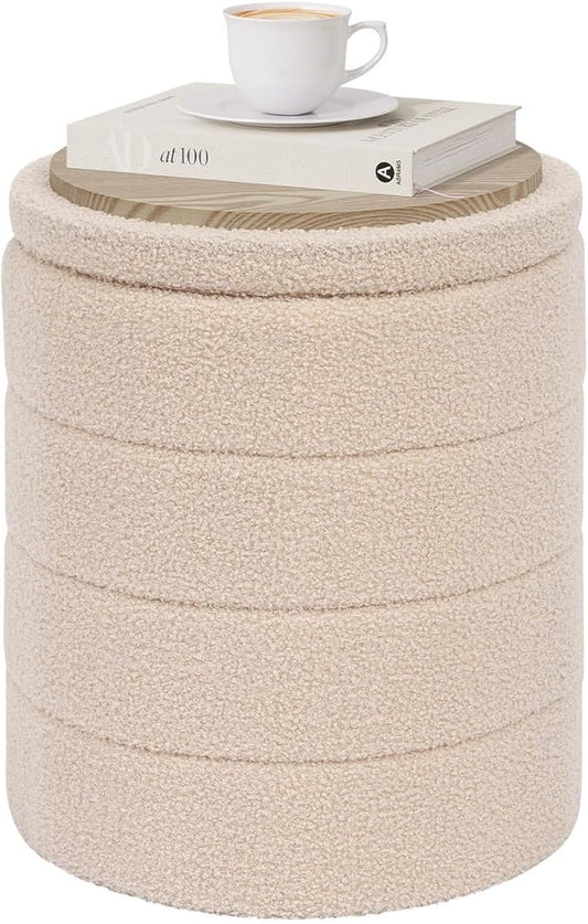 PINPLUS Round Storage Ottoman Foot Rest Stool with Tray Velvet Sherpa Folding Storage Ottoman,Boucle Foot Rest for Living Room, Bedroom, Dorm（Beige）