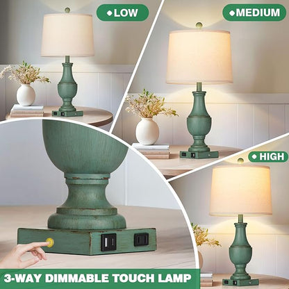 Farmhouse Table Lamps for Living Room, Rustic Touch Control Bedside Lamps with USB A+C Charging Ports & AC Outlet, Vintage 3-Way Dimmable Traditional Classic Nightstand Lamp for Bedroom Office Green