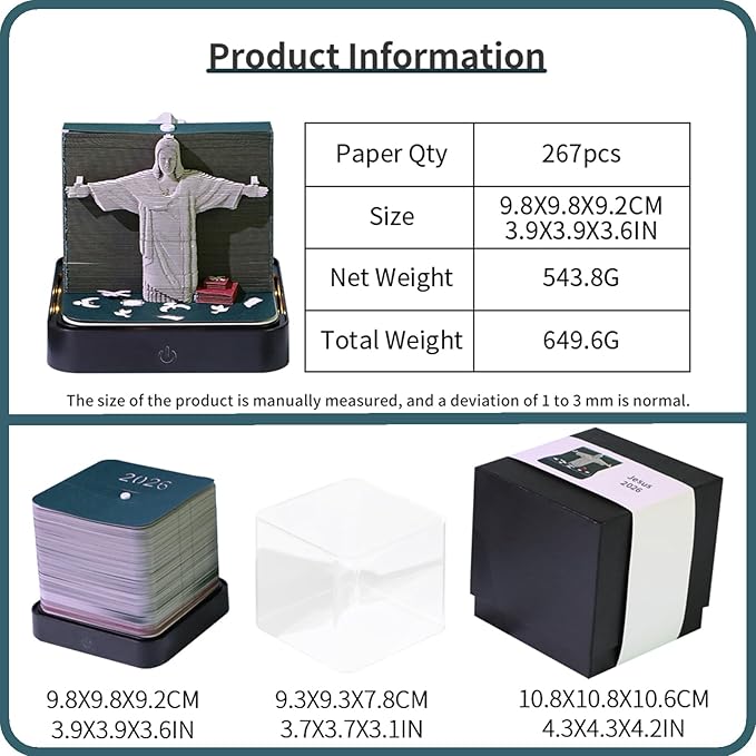 3D Time Piece Calendar 2026 DIY Calendars Tear Away Carving Art 3D Memo Pad Calendar With LED Lights sculpture artsy pads calendar notepad for Desktop Decor-Jesus