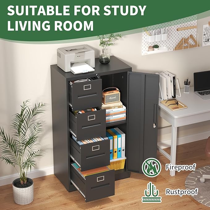 4-Drawer Vertical File Cabinet with Lock & 1 Door,File Cabinet with Storage Shelves for A4/Legal/Letter, Black, Assembly Required