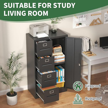 4-Drawer Vertical File Cabinet with Lock & 1 Door,File Cabinet with Storage Shelves for A4/Legal/Letter, Black, Assembly Required