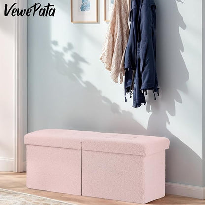 Folding Ottoman Bench with Storage - 34Inches Teddy Velvet Foot Stool Ottoman Bench, Padded Seat, Storage Chest, Blanket Store for Entryway, Livingroom and Bedroom, Pink (34" D x 13" W x 13" H)