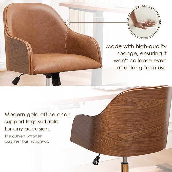Genuine Leather Office Desk Chair, Adjustable Height Small Modern Comfortable Walnut Vanity Chair, Gold Legs Mid Back 360 Swivel for Home Office, Bedroom, Study, Meeting Room(Vintage Brown)