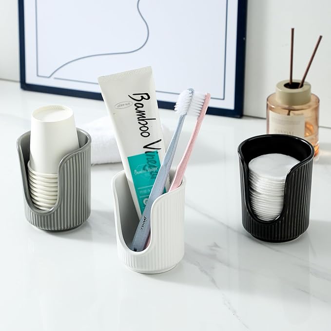 Ceramic Bathroom Cup Dispenser with Stylish Vertical Stripes - Disposable Mouthwash Cup Holder Holds 3-4oz Paper Cups for Rinsing Cups on Bathroom Vanity Countertops (White)