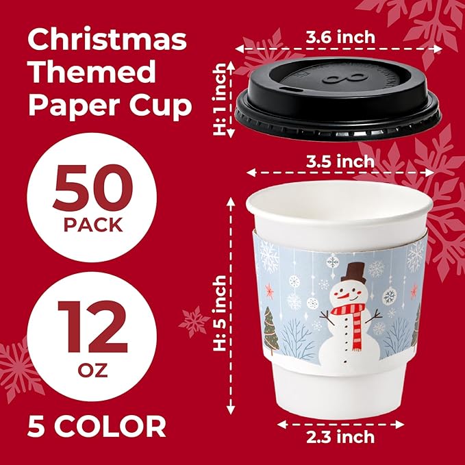 Fit Meal Prep 50 Pack 12 oz Christmas Disposable Coffee Cups with Lids, Sleeves, Leak-Proof To Go Coffee Cups with Lids, Durable Holiday Paper Cups for Hot Beverage, Home, Office, Party
