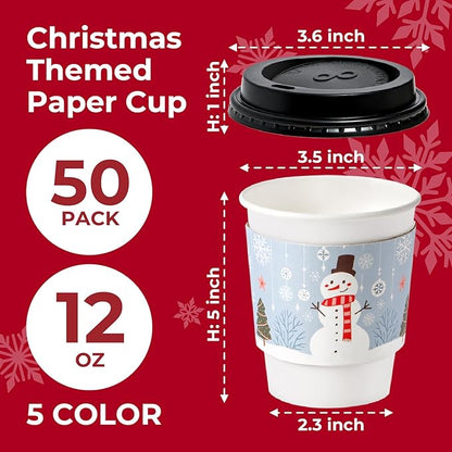 Fit Meal Prep 50 Pack 12 oz Christmas Disposable Coffee Cups with Lids, Sleeves, Leak-Proof To Go Coffee Cups with Lids, Durable Holiday Paper Cups for Hot Beverage, Home, Office, Party