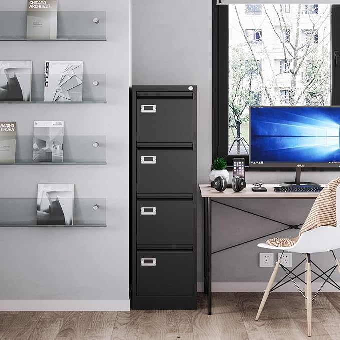 4 Drawer File Cabinet with Lock Metal Filling Cabinet Vertical Locking File Cabinets for Home Office to Hanging F4/A4 SizeA4 Legal/Letter Size, Assembly Required,Black
