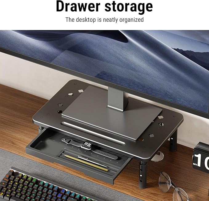 Asixxsix Desk Monitor Stand Riser, 3 Height Adjustable Laptop Riser with Drawer Storage Airflow Vents 44lbs Load Capacity Carbon Steel Tabletop Organizer for Printer Doucement Holder (Black)