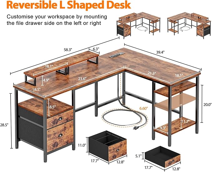 Furologee 59” L Shaped Desk with Power Outlet, Reversible Computer Desk with File Drawer & 2 Monitor Stands, Corner Home Office Table with Storage Shelves for Gaming Writing, Rustic Brown