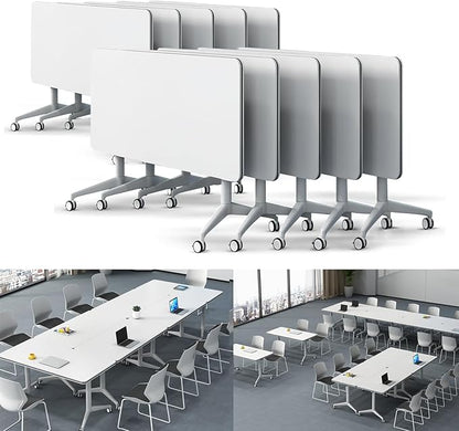 Folding Conference Table Modern Large Mobile Meeting Table Rolling Conference Room Tables with Wheels Seminar Tables for Office Training Classroom (10, White, 70.9" D X 23.6" W X 29.5" H)
