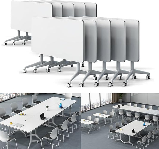 Folding Conference Table Modern Large Mobile Meeting Table Rolling Conference Room Tables with Wheels Seminar Tables for Office Training Classroom (10, White, 70.9" D X 23.6" W X 29.5" H)