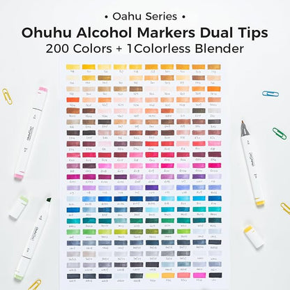 Ohuhu Alcohol Markers 200 Colors - AP Certificated Double Tipped Art Marker Set for Artists Adults Coloring Sketch Illustration - Chisel and Fine Dual Tips - Oahu of Ohuhu Markers - Refillable