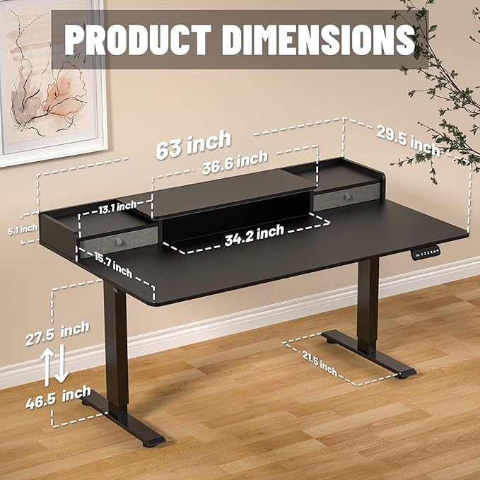63 x 30 Inch Standing Desk with 2 Drawers, Adjustable Height Widened Stand Up Desk with Storage, Sit to Stand Ergonomic Workstation for Home Office, Classic Black