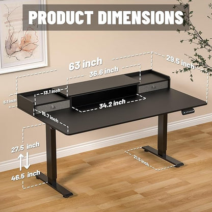 63 x 30 Inch Standing Desk with 2 Drawers, Adjustable Height Widened Stand Up Desk with Storage, Sit to Stand Ergonomic Workstation for Home Office, Classic Black