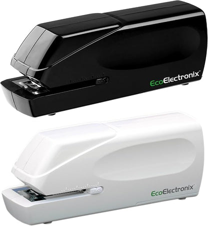 Portable Automatic Electric Stapler Pro - 30 Sheet Capacity, Quiet Operation, Jam-Free and Easy Reload - AC Adapter/Battery Powered (White & Black Combo)