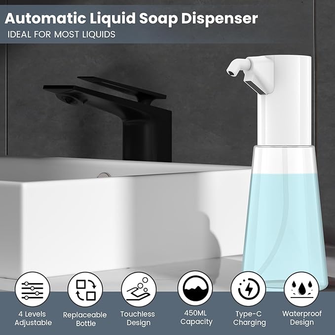 Automatic Liquid Soap Dispenser Touchless,Hand & Dish Electric Dispenser 4-Level Adjustable,450ML Waterproof Rechargeable Kitchen Auto Soap Pump,The Bottle is Replaceable (White)